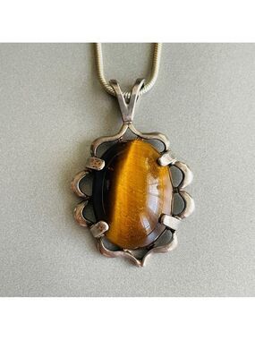ARTISAN BIG TIGER EYE STERLING SILVER 925 PENDANT NECKLACE VINTAGE